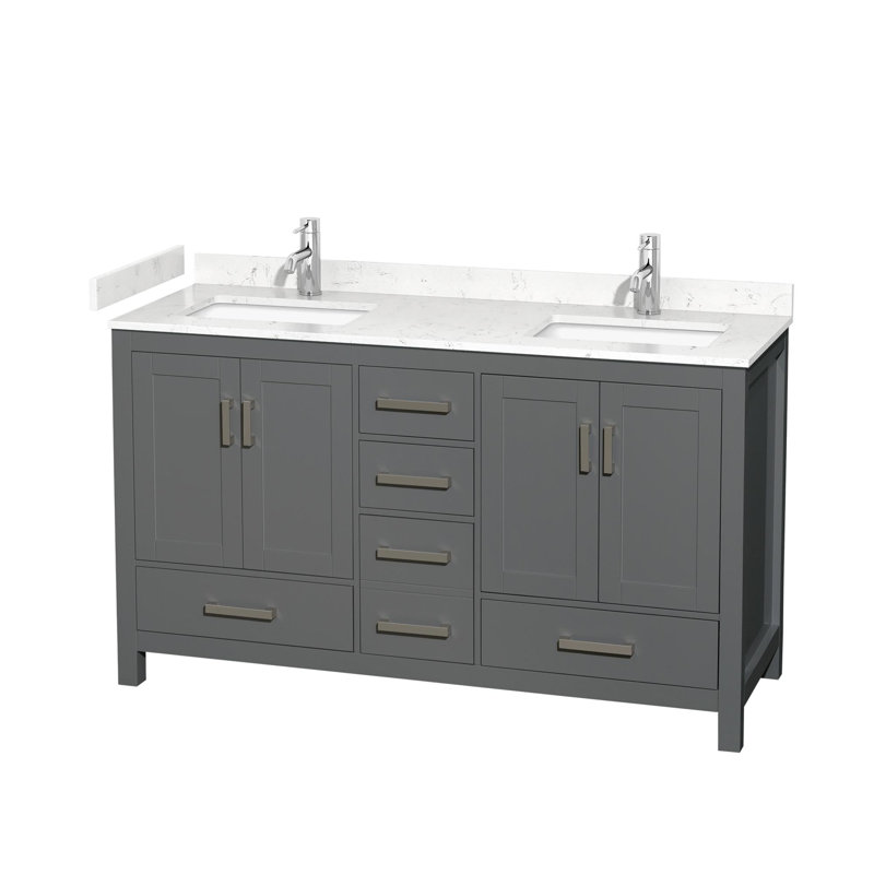 Sheffield 60" Freestanding Double Bathroom Vanity with Cultured Marble Top, Carrara Cultured Marble, Dark Gray