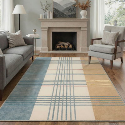 Tapis d'intérieur bleu / jaune / beige lavable à la machine Vesper avec envers antidérapant