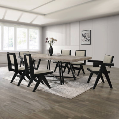 Ensemble de salle à manger 7 pièces en bois d'hévéa noir avec 2 fauteuils et 4 chaises d'appoint