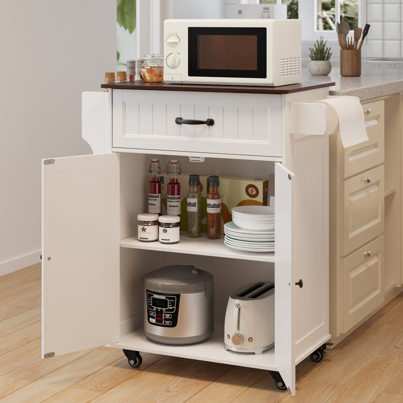 Lotosha Solid Wood Top Kitchen Island Cart with Wheels &1-Drawer, White/Black
