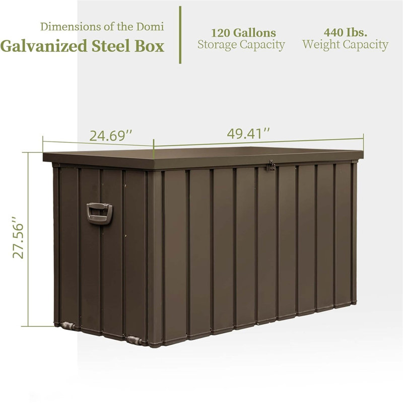 120-Gallon Waterproof Outdoor Storage Deck Box with Lockable Lid, Heavy-Duty Galvanized Steel Construction, and Multi-Functional Patio Use.