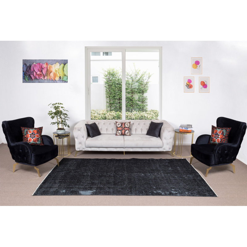 Tapis turc moderne en laine fait à la main de 6 pi x 9,6 pi sur-teint en noir