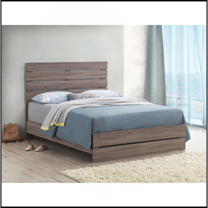 Oak Slatted Headboard Queen Panel Bed, Brown
