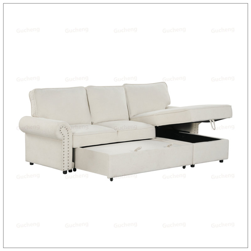 Canapé-lit modulaire convertible avec méridienne de rangement, dossier escamotable, porte-gobelets, accoudoirs arqués et structure en bois d'acacia durable
