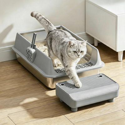 Litière pour chat XL en acier inoxydable avec hauteurs et contrôle des odeurs