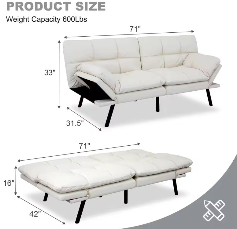 Novisha Memory Foam Convertible Sofa, White Faux Leather