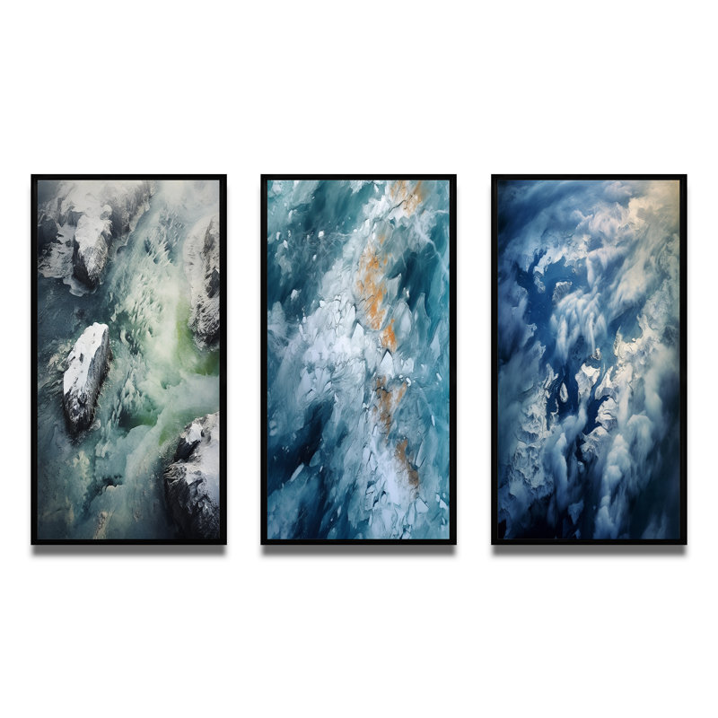 «Vue aérienne du paysage de nuage du glacier Artic», 3 pièces, Cadre flottant noir, H 40 po x l 60 po