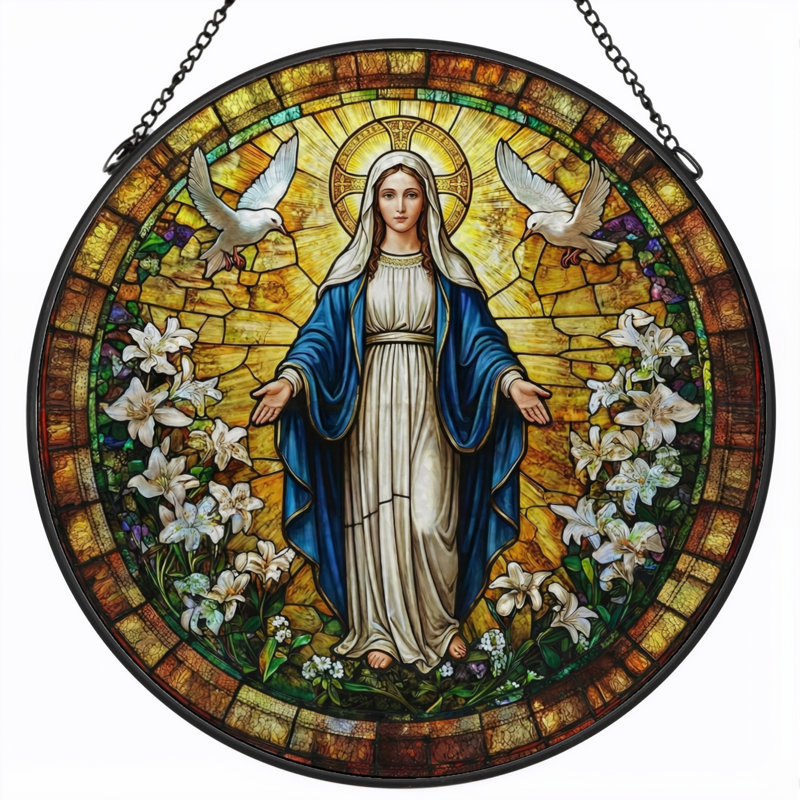 Panneau de vitrail de la Vierge Marie - 7,8H, H 7,8 po