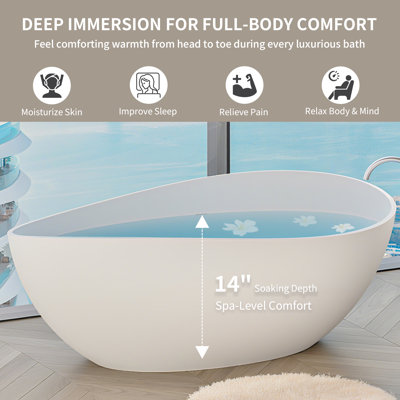 63" x 37" Freestanding Soaking Solid Surface Bathtub Stone Resin Bath Tub with Overflow, Pop-up Drain for Bathroom, Matte White