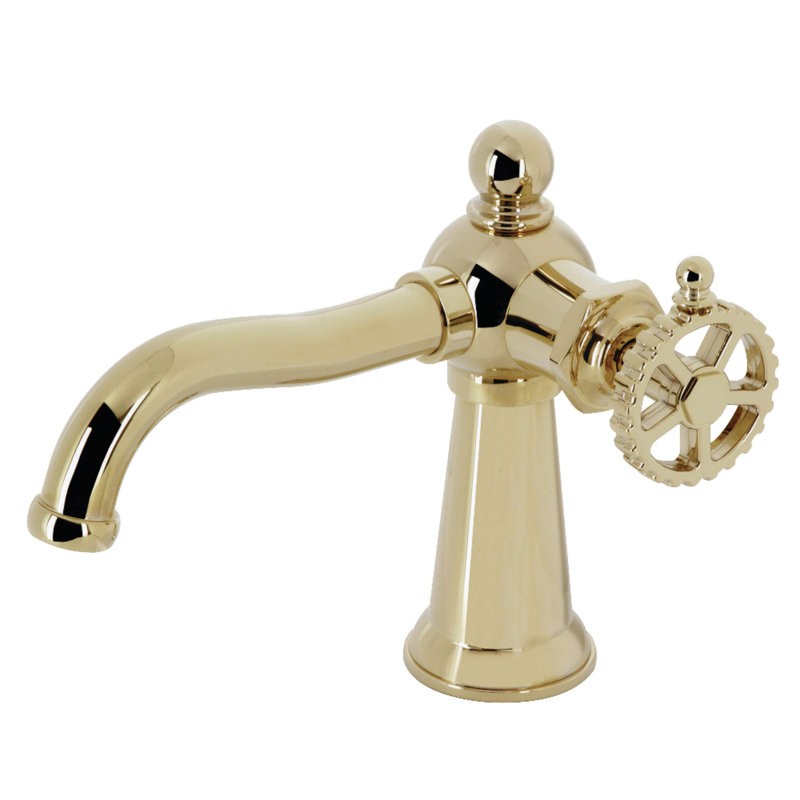 Kingston Brass Fuller Single-Handle 1-Hole Deck Mount Bathroom Faucet with Push Pop-Up, Wheel, Polished Brass