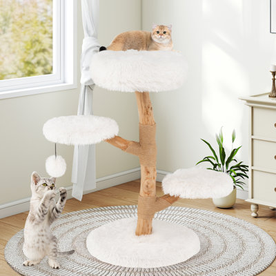 Arbre à chat avec perchoir, poteaux à griffer en jute naturelle, boule pendante, peluche douce et longue naturelle et blanche