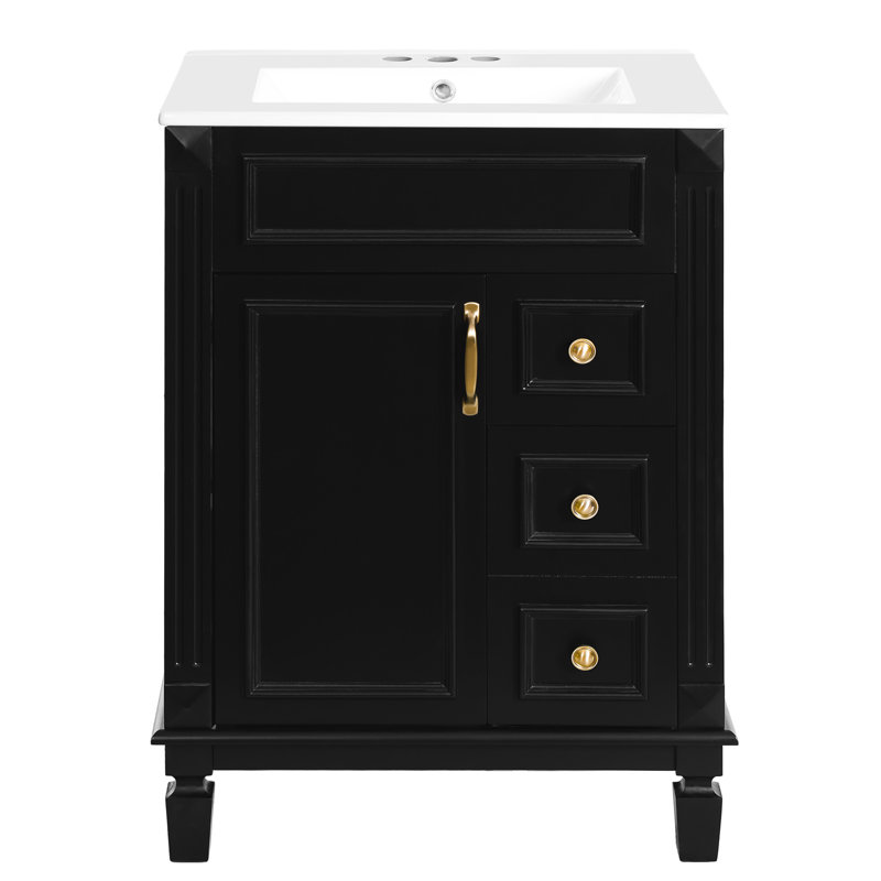 Meuble-lavabo moderne de 61 cm avec lavabo en céramique, 2 tiroirs et tablette réglable - Petite amélioration, meuble de rangement compact de style rétro français pour les petits espaces.