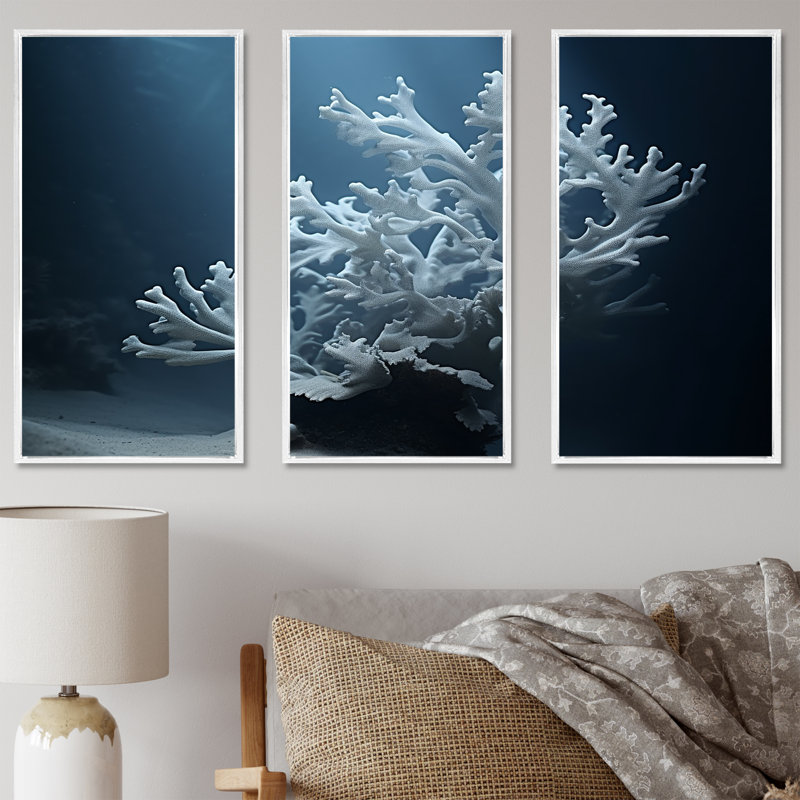Ensemble de décorations murales noir et bleu Anemone Reef - Coastal Coral Under Water, Cadre flottant blanc