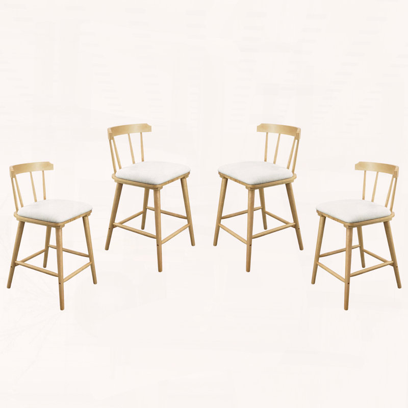 Tabouret de comptoir d'intérieur en bois rembourré avec finition naturelle et revêtement beige, style Windsor, ensemble de 4