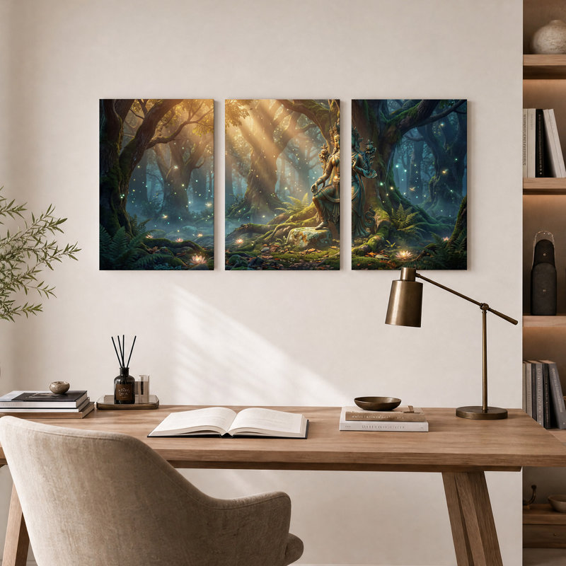 Statue de déesse en bronze dans une forêt lumineuse - Ensemble de 3 toiles murales, 24"H x 16"W x 3pcs