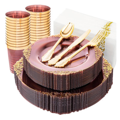 Plastic Plates & Gold Plastic Silverware & Disposable Dinnerware Set