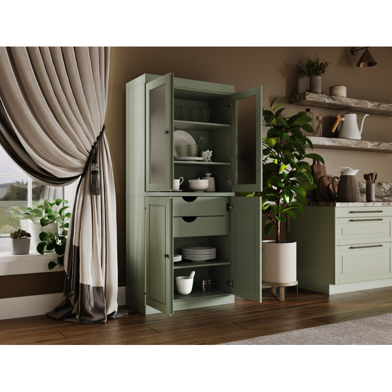 Garde-manger 100% bois massif 32 po avec verre givré, portes solides, 2 tiroirs et tablettes réglables, Sauge