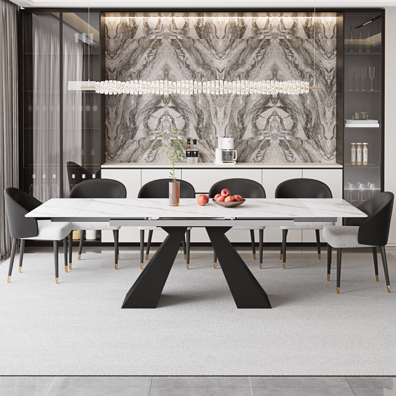 Ensemble de table de salle à manger extensible 94,5 po avec plateau en pierre frittée rectangulaire et 6 chaises en similicuir