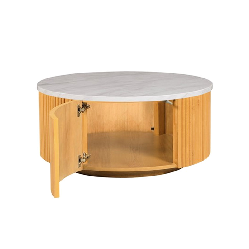 Table basse en faux marbre blanc avec rangement en forme de tambour et base d'aspect bois naturel de 35,5 po