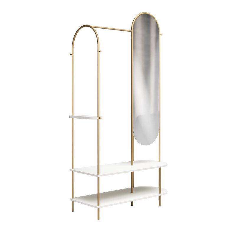 White and Gold Metal Valet Stand with Mirror
