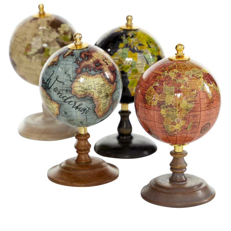 Mango Wood Small Multi Colored Educational/Geographic Earth Globe Set