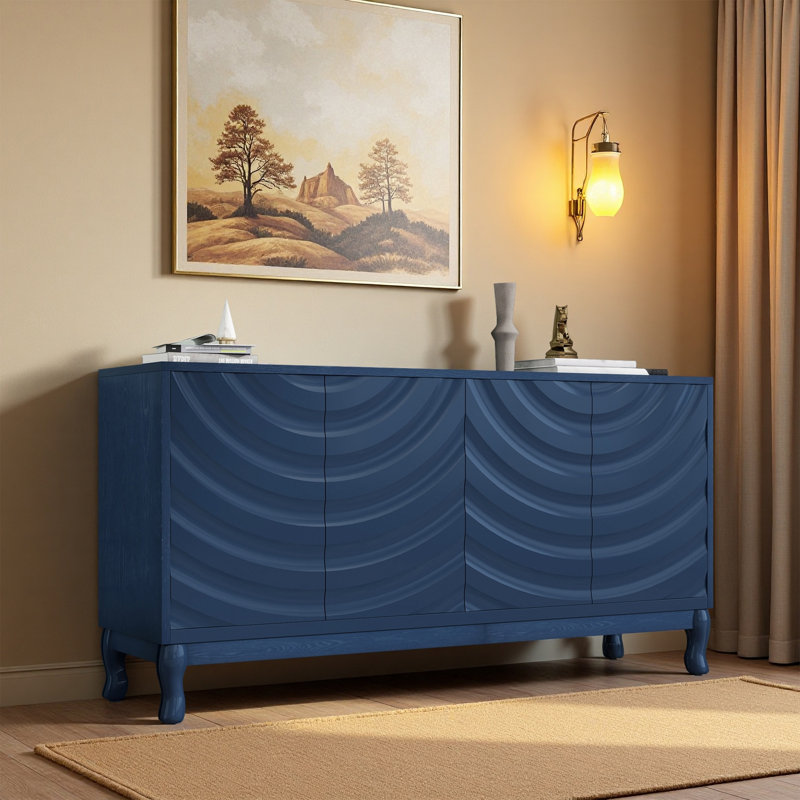 Elegant Navy Blue Sideboard Featuring Sophisticated Wavy Pattern Doors With Arched Groove Design In A Stylish Four-Door Layout,Adjustable, Suitable For Study, Entryway And Living Room