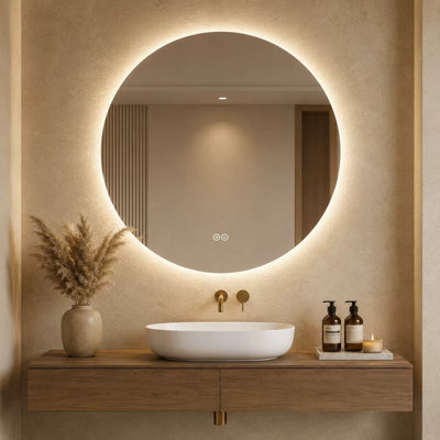 36" x 36" Round Frameless LED Backlit Bathroom Mirror with 3 Color Temperatures, Dimmable Light, Anti-Fog Touch Control, and Shatter-Resistant Glass