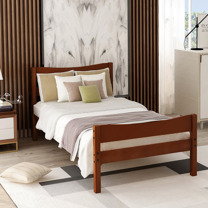 Wood Platform Bed with Headboard and Wooden Slat Support