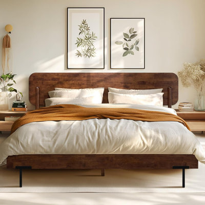 Base de lit plateforme en bois massif Frida avec tête de lit haute, capacité de 800 lb au fini noyer, assemblage facile, aucun sommier tapissier requis, base de lit scandinave de qualité supérieure compatible avec tous les matelas