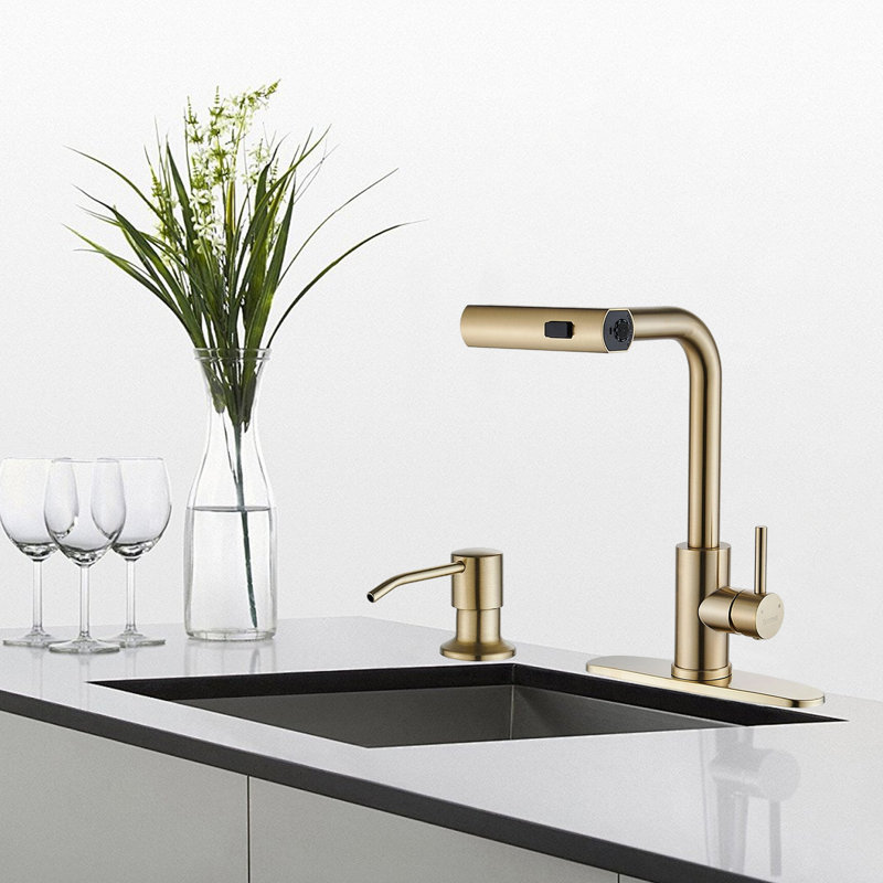 Modern Stainless Steel Single-Lever Kitchen Faucet With Pull-Down Nozzle With Soap Dispenser, Chrome