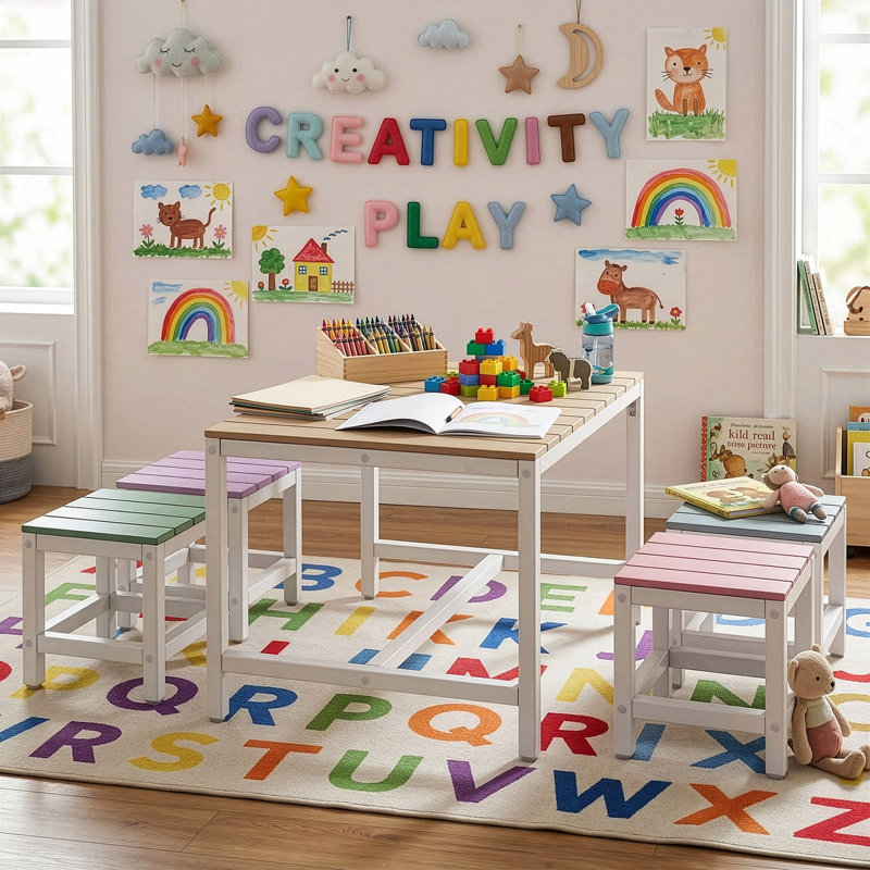5-Piece Kids Solid Poplar Wood Kids Table Set Patio Table & Chair Set, Beige Wood