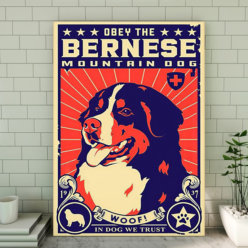 Obey le bouvier bernois, toile tendue avec châssis - Illustration pour animal de compagnie, décoration intérieure rouge et bleue