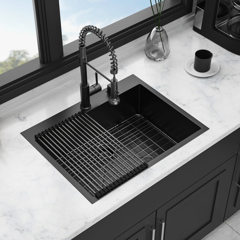 Gunmetal Black Stainless Steel Sink 28X22 - 16 Gauge Single Bowl To Wear Efficient Water Flow Topmount Resists Dents Fast Drainage