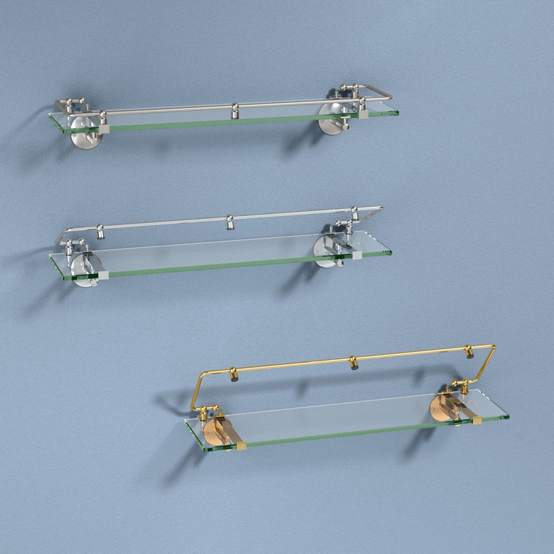 Wall Mount Rectangle Glass Shelf With Solid Brass Rails / Tempered Glass Floating Shelf, Polished Brass