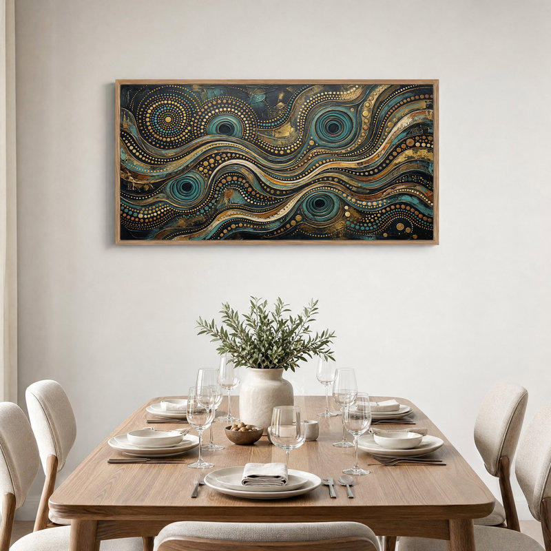 Tableau sur toile à motifs abstraits à pois turquoise et or