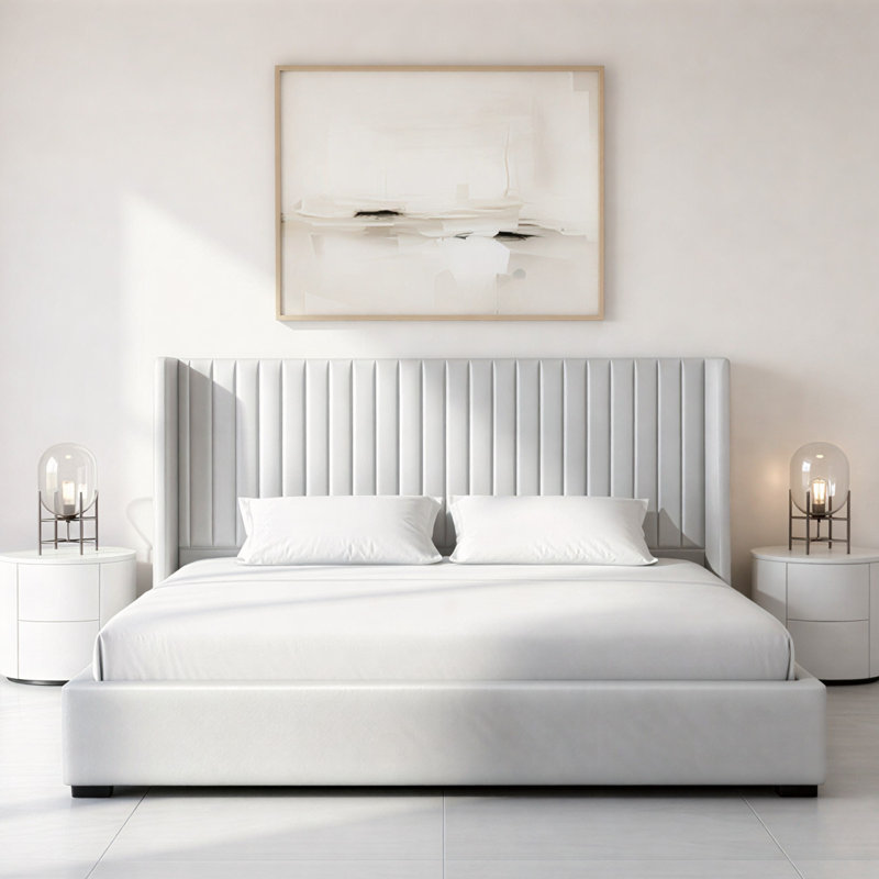 Premium Plush Bed Frame – Elegant Padded Bed with 48” Statement Headboard, Solid Wooden Bed – Contemporary Designer Finish