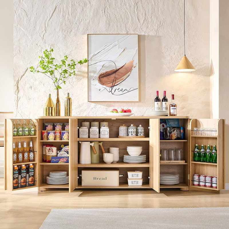 Curved Buffet Cabinet With 4 Doors & Shelves – Natural