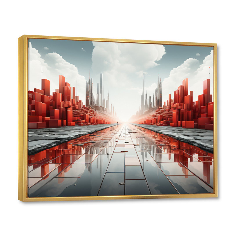 Abstrait paysage urbain futur II sur toile, H 30 po x l 40 po, Cadre flottant doré