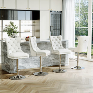 Velvet Swivel Bar Stools, Tufted Counter Height Chairs With Nailhead Trim And Back Pull Ring, Adjustable Upholstered Bar Stools