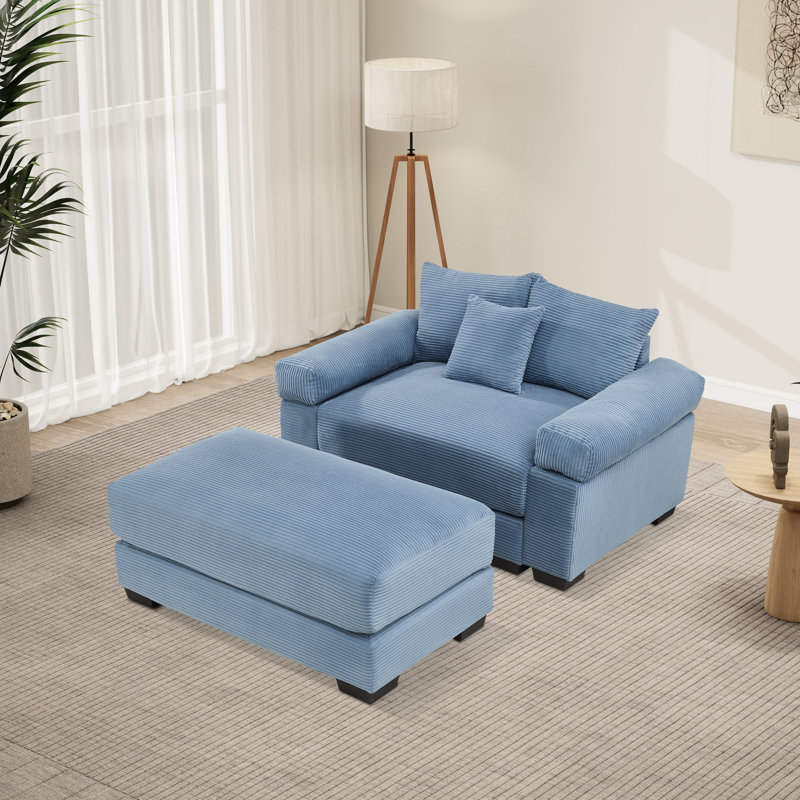 Oversized Corduroy Armchair  With Ottoman, Blue