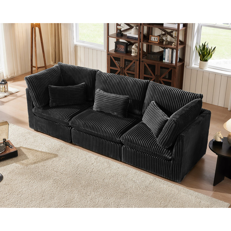 3 Seater Sofa Oversized Modular Sofa, Extra Deep Cloud Corduroy Sectional Couch with Ottoman Chaise, FSC Certified, Black