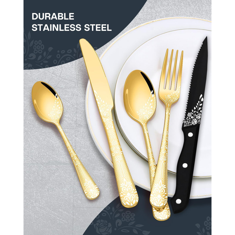 Ensemble de couverts 24 pièces en acier inoxydable pour 4 personnes avec couteaux à steak, ensemble de couverts luxueux gravés au laser dans une boîte cadeau, ensemble de couverts poli miroir lavable au lave-vaisselle