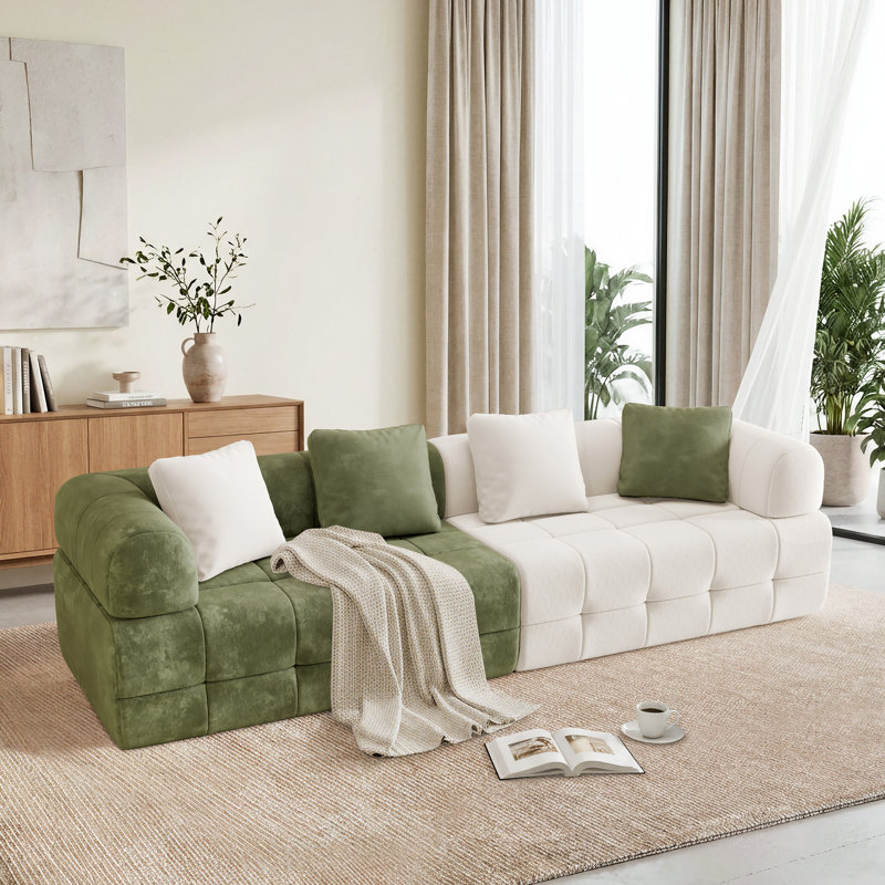 110" Compression Sofa, Boneless 4-Seater Chenille Couch with 26" Deep Seats, Curved Armrests, Plush Cushions and Color-Block Design-Green and Beige