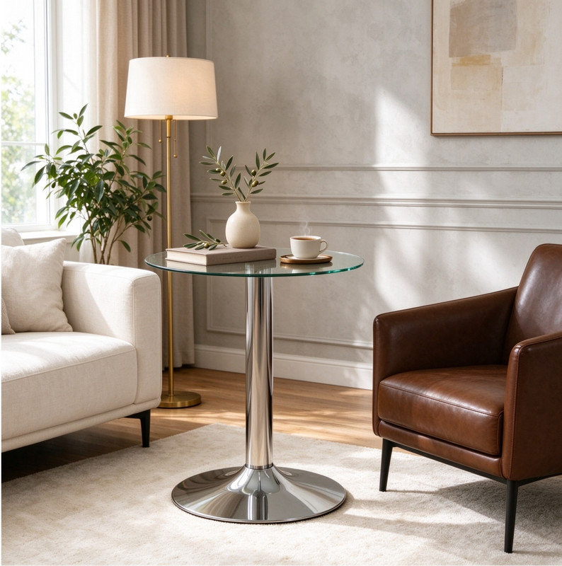 Table de bout en verre moderne avec base en métal noir mat, table d'appoint compacte pour petits espaces domestiques, noir