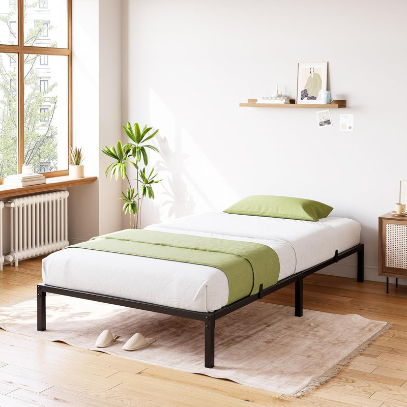 Garveehome Twin Size Metal Platform Bed Frame, Noise Free Anti-sliding Metal Slats, Heavy Duty Mattress Foundation with under Storage Space, 800LBS Capacity, No Box Spring Needed, Black
