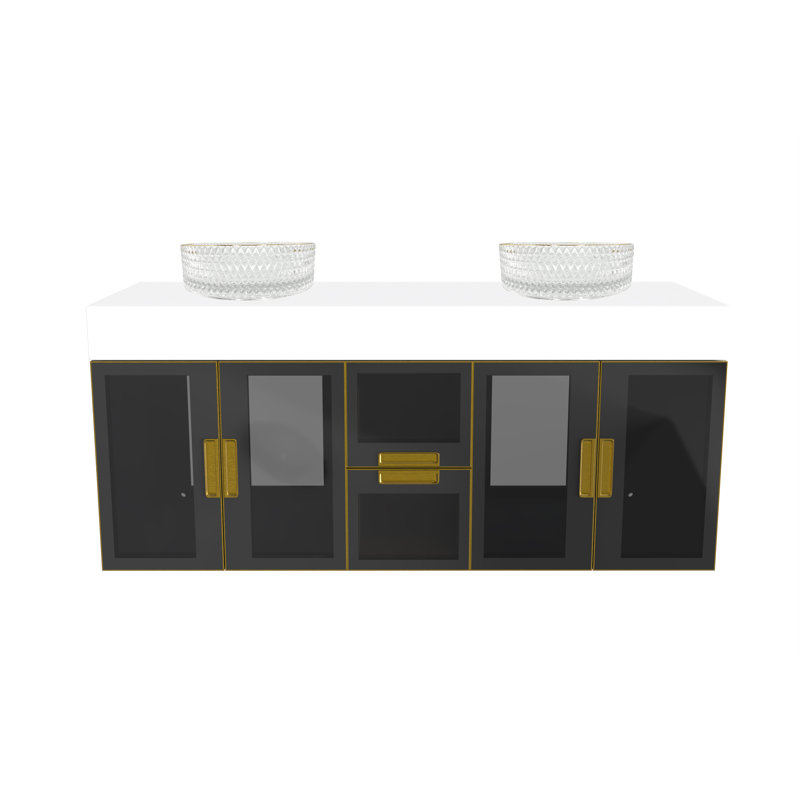 Meuble-lavabo mural moderne de luxe avec comptoir à surface solide de 60 po et lavabo vasque rond en verre