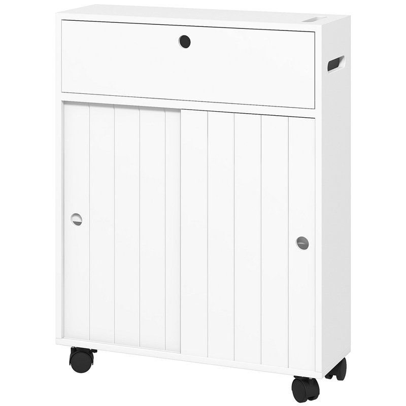 Armoire à papier hygiénique, armoire de salle de bain mince avec 4 roulettes, petite armoire de rangement de salle de bain avec trous en papier, portes coulissantes et tablette réglable pour les petits espaces