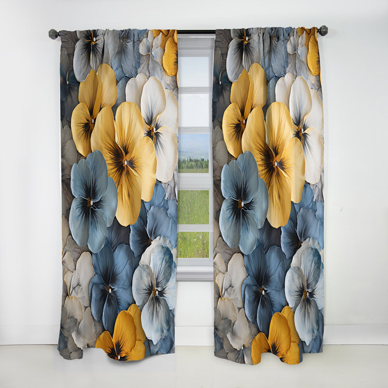 Élégants pétales jaunes et bleus Pansy - rideau occultant floral Pansies - 1 panneau, L 52 po x L 63 po