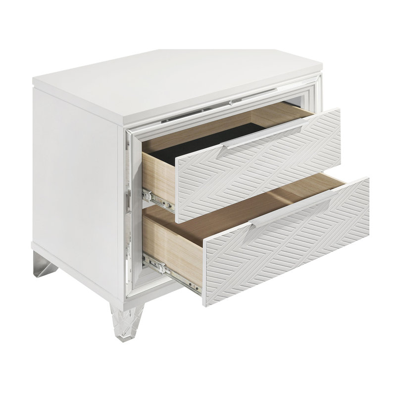 Table de chevet Mory, 2 tiroirs, motif à chevrons en relief blanc, chrome