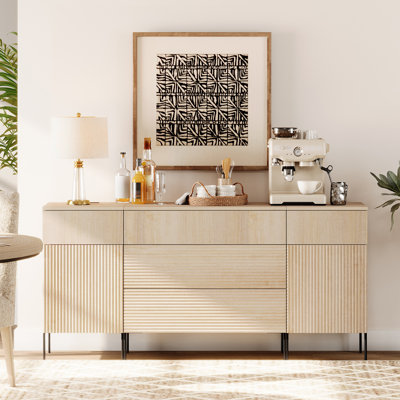 63" Wooden Reeded Sideboard With Built-In Charging Station, 3-In-1 Modern Credenza Storage Cabinet For Kitchen, Dining Room by Ebern Designs